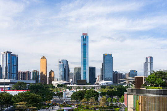 Architectural views of Tianhe District (BCD) and Tianhe Sports Center in Guangzhou, China