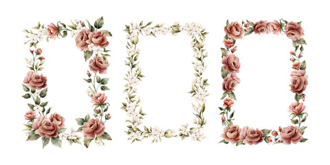 Rose flowers frames set. Dusty pink garden flowers rectangular arrangements. Watercolor hand painted floral isolated illustration for wedding design greeting card invitation cosmetic package label