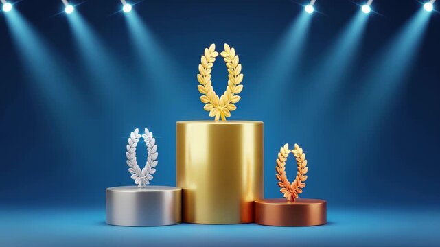 Golden, Silver, Bronze podiums with laurel wreaths shine under spotlights celebrate achievement and victory 4k high quality footage