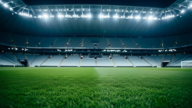 Empty stadium with green field and bright lights at night for sports