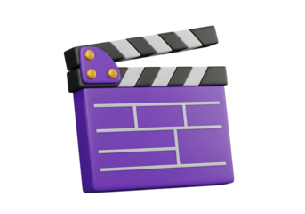 Purple and grey 3d render of a clapperboard for film production