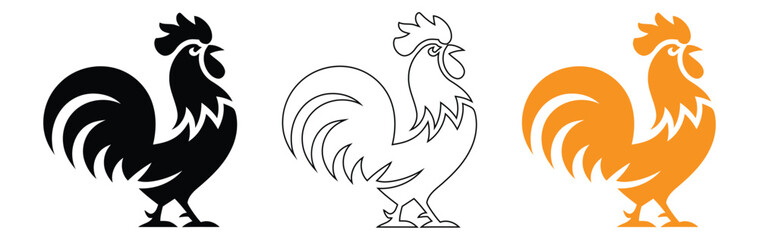 Rooster silhouettes in black, white outline, and orange color,Rooster logo vector icon symbol.Rooster chicken cock.vector illustration,silhouettes chicken. hen. rooster.black isolated white background