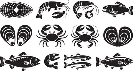 Obraz premium Collection of seafood icons in simple black and white style