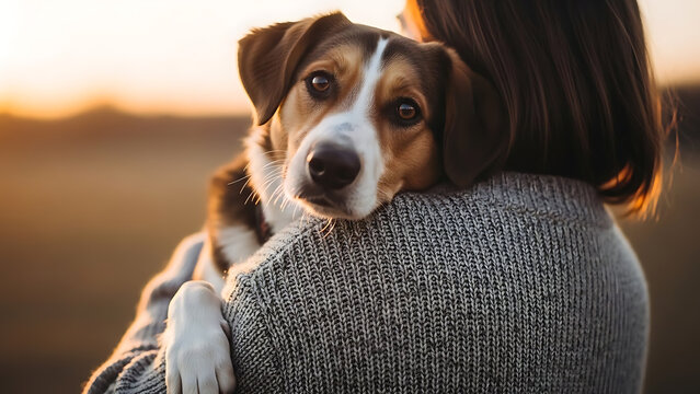 Portrait of loyal mixed breed dog embraced by human friend