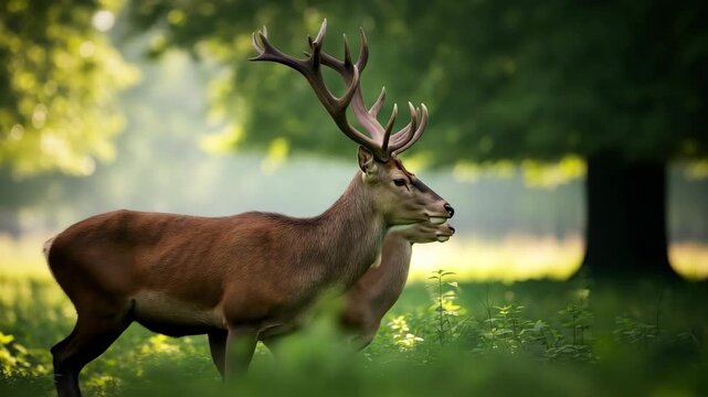 Majestic stag and doe stand alert in sun-dappled forest clearing, evoking nature's wild beauty. 4k high quality footage
