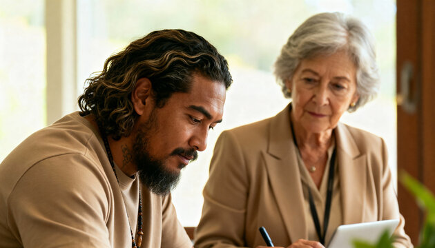 Focused young man signing a document with a senior female professional. Financial advisor consulting with a client about retirement planning. - Powered by Adobe