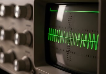 Oscilloscope displaying green waveform of electrical signal on a grid screen with blurred controls