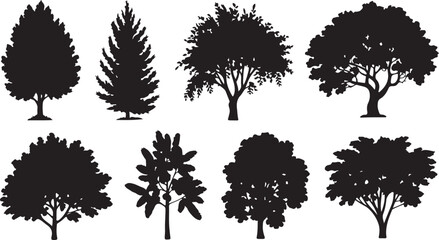 Diverse Tree Silhouettes Collection Isolated on White Background for Design