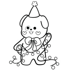 Party Dog with Christmas Lights and Bow Line Art Illustration 