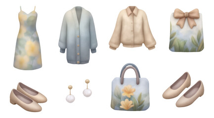 Soft Watercolor Spring Floral Fashion Items on Transparent Background for Illustrative Use