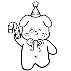 Cute Dog Holding Candy Cane and Wearing Party Hat Line Art Illustration 
