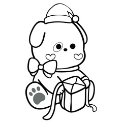 Cute Christmas Dog with Gift Box Line Art Illustration 
