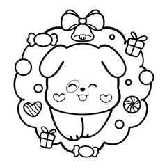 Adorable Dog in Christmas Wreath Line Art Illustration 
