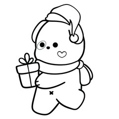 Dog Wearing Green Hat Holding Gift Box Line Art Illustration 