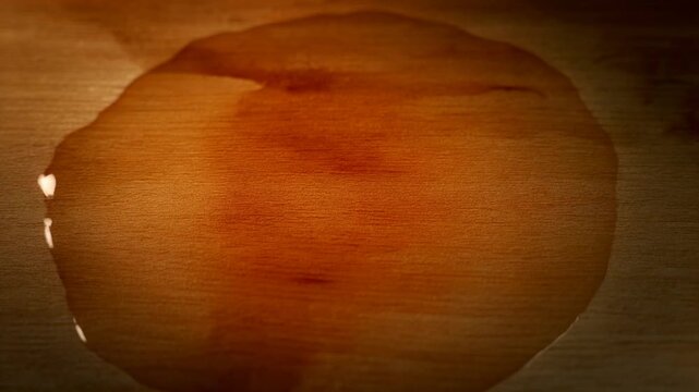 A circular pool of liquid sits on a wooden surface, with highlights and subtle color