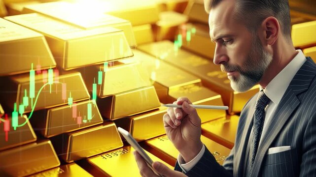 Experienced investor analyzes fluctuating gold market trends on tablet amidst gleaming bullion bars 4k high quality footage