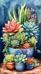 Fototapeta premium Watercolor Succulent Garden in Ceramic Pots A Vibrant Botanical Illustration