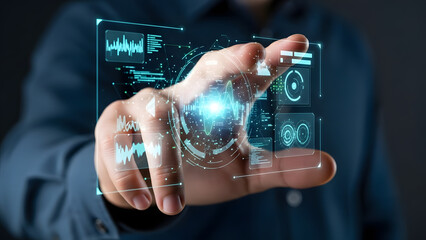 Hand interacting with futuristic digital holographic interface display