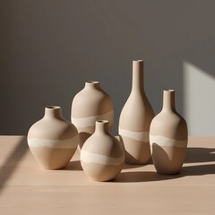 Modern ceramic vases in neutral tones arranged on wooden table  