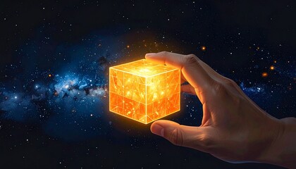 Hand holds glowing orange cube in space—ritual of cosmic power and translucent mystery, where swirling light and starry void choreograph the emotional architecture of control, origin, and galactic int