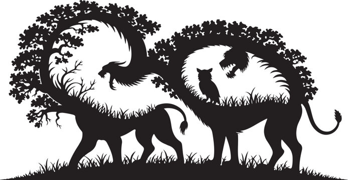 Silhouette Fantasy Creature with Tree and Lion Head Concept Art Design