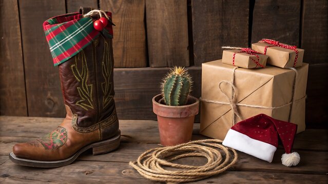 Playful Christmas Cowboy Theme with Boot Stocking and Cactus - Powered by Adobe