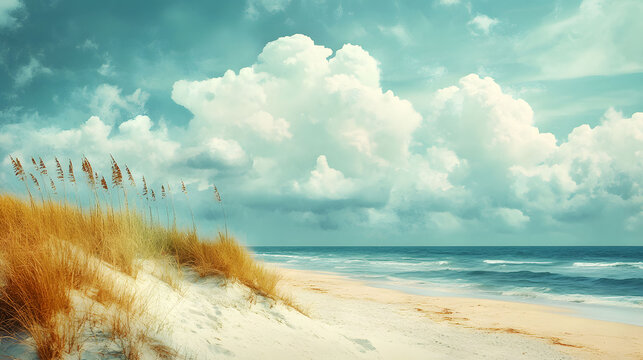 Serene Beach Scene Coastal Landscape with Clouds, Dunes, and Ocean - Relaxing Environment