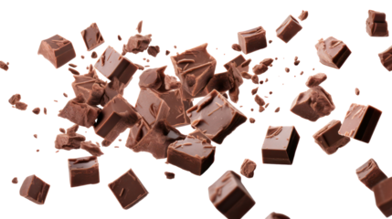 Chocolate pieces exploding and falling isolated on transparent background