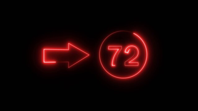 Neon counting 72 number. Neon countdown number illustration.  Counting number with arrow symbol.