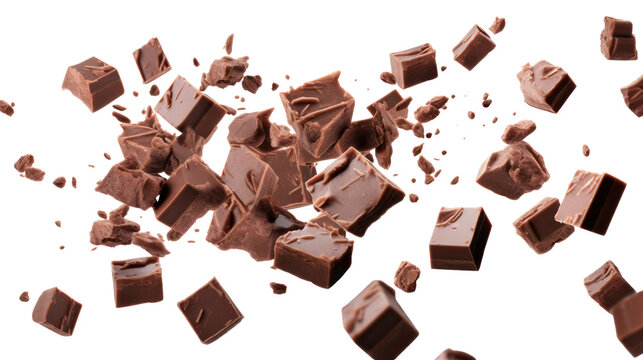Chocolate pieces exploding and falling isolated on transparent background