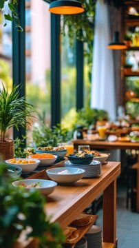 Bright and inviting restaurant interior with a buffet spread featuring colorful dishes and greenery