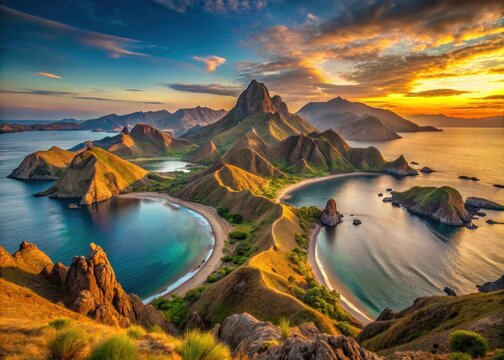 Sunset over Padar Island's unique sand dunes with volcanic rocks in Labuan Bajo