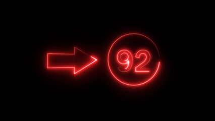 Neon counting 92 number. Neon countdown number illustration.  Counting number with arrow symbol.