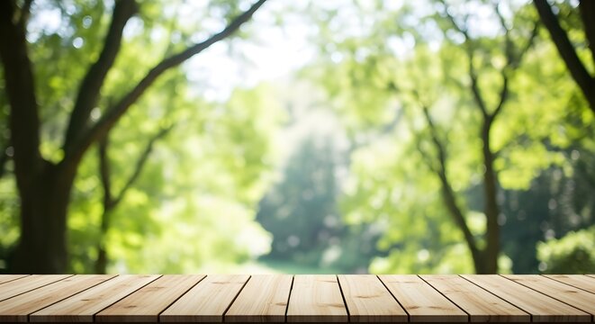 empty wooden table in forest for product mockup base