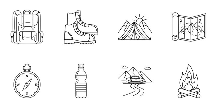Camping and hiking essentials outline vector set with travel gear, navigation tools, campfire, mountains, water bottle, and road trip illustration