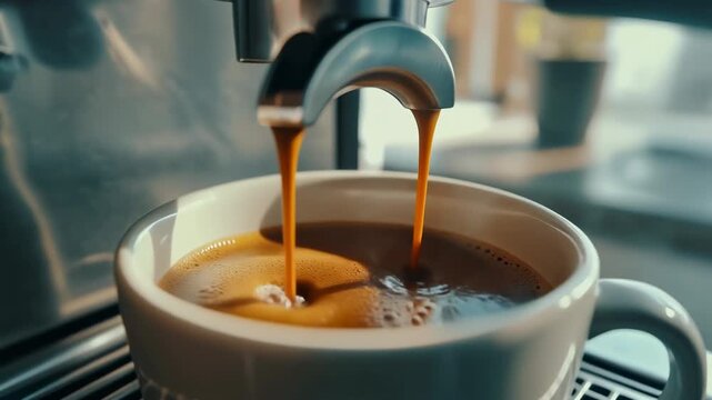 Espresso Machine Pouring Fresh Coffee into a White Cup with Rich Crema Keywords: coffee, espresso, pouring, brewing, machine, coffee