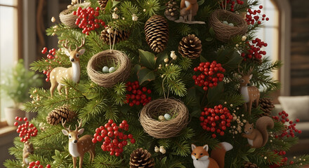 Festive Christmas Tree Adorned with Woodland Animals Pinecones and Red Berries Holiday Decor
