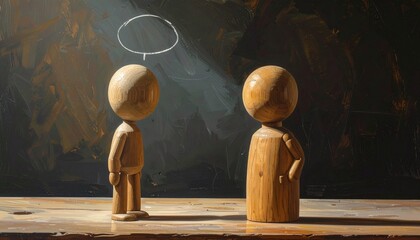 Wooden mannequins reach across pencil divide—ritual of silent exchange and posed intention, where extended arms and dark brushstrokes choreograph the emotional architecture of dialogue, tension, and c