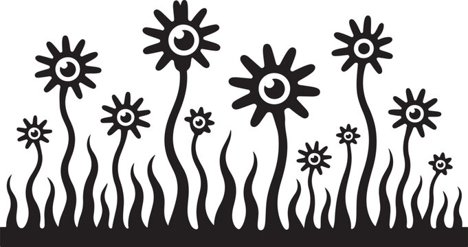 Whimsical Floral Pattern with Abstract Flowers and Eyes in Monochrome