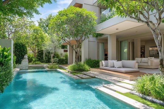 Modern house exterior with a beautiful garden, swimming pool, and outdoor seating area, showcasing a serene and inviting atmosphere for relaxation and leisure activities