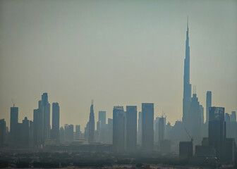 Obraz premium Dubai Downtown and Business bay in the distance. Aerial drone view of Dubai panorama in dusk and sandstorm dust