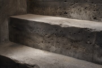 Concrete Staircase: A close-up showcases a raw, textural concrete staircase, its rugged surface bearing witness to time and use, creating a sense of solidity and architectural elegance.