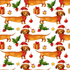 Pattern con bassotti carini e decorazioni natalizie, illustrazione ad acquerello isolata su sfondo bianco