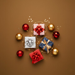 Christmas Flat Lay Composition with Assorted Gift Boxes, Red and Gold Ornaments, Fairy Lights, and Glitter on a Warm Brown Background – Holiday Shopping, Giving, and Festive Season Concept