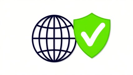 World globe wireframe icon next to green shield with checkmark for global internet security - Powered by Adobe