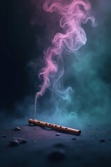 Colorful mystical smoke rising from a burning stick in a dark atmospheric scene