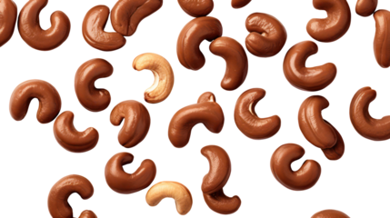 Milk chocolate covered cashews in scattered pattern on transparent background
