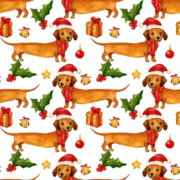 Pattern con bassotti carini e decorazioni natalizie, illustrazione ad acquerello isolata su sfondo bianco