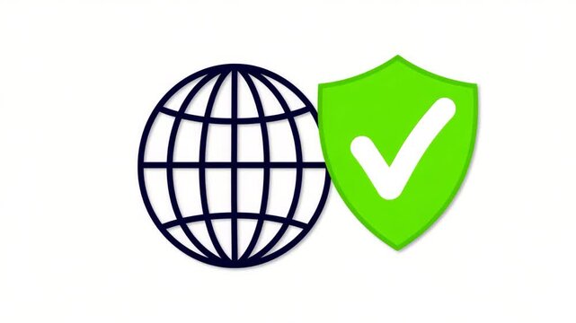 World globe wireframe icon next to green shield with checkmark for global internet security