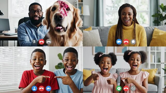 Family and pet communicate online via video conference call for connection and interaction
